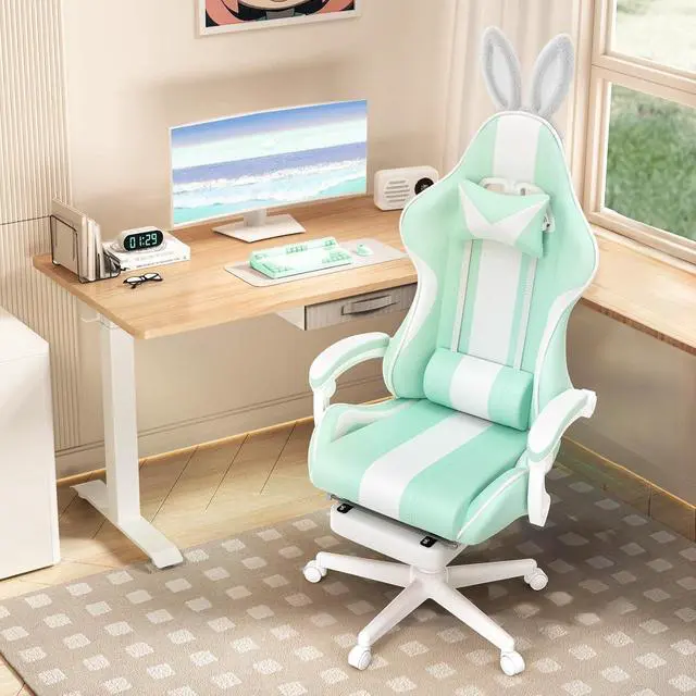 Alt view image 2 of 7 - Ferghana Kawaii Light Green Gaming Chair with Bunny Ears, Ergonomic Cute Gamer Chair with Footrest and Massage, Racing Reclining Leather Computer Game Chair for Girls Adults Teens Kids