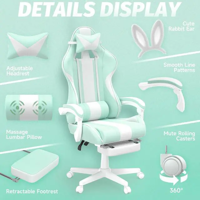 Alt view image 5 of 7 - Ferghana Kawaii Light Green Gaming Chair with Bunny Ears, Ergonomic Cute Gamer Chair with Footrest and Massage, Racing Reclining Leather Computer Game Chair for Girls Adults Teens Kids