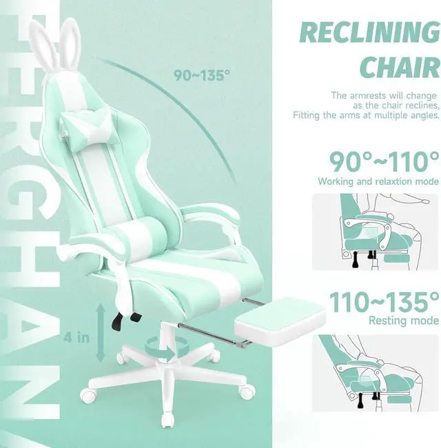 Alt view image 7 of 7 - Ferghana Kawaii Light Green Gaming Chair with Bunny Ears, Ergonomic Cute Gamer Chair with Footrest and Massage, Racing Reclining Leather Computer Game Chair for Girls Adults Teens Kids