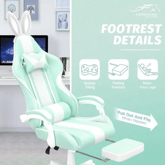 Alt view image 6 of 7 - Ferghana Kawaii Light Green Gaming Chair with Bunny Ears, Ergonomic Cute Gamer Chair with Footrest and Massage, Racing Reclining Leather Computer Game Chair for Girls Adults Teens Kids