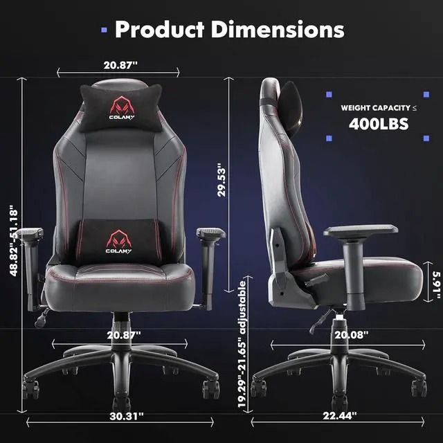 Alt view image 2 of 7 - COLAMY Big and Tall Gaming Chair 400lbs, Racing Computer Gamer Chair, Ergonomic Office PC Chair with Upholstered Seat, Lumbar Support, 4D Armrest for Adult Teens, 91306-Black
