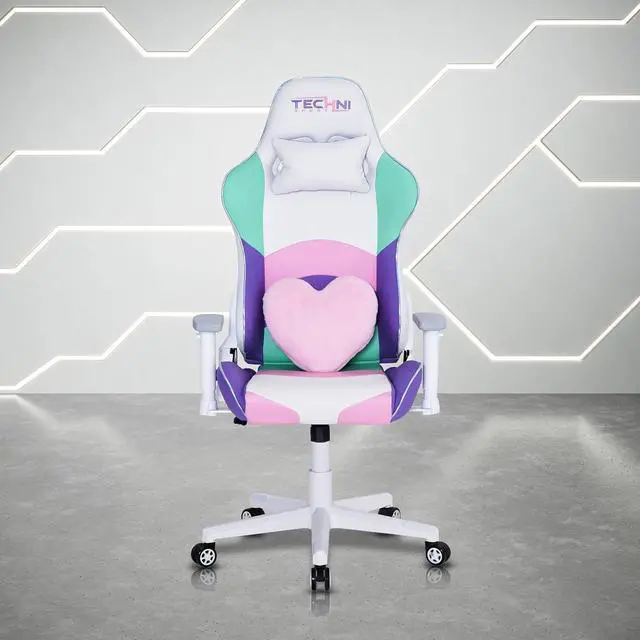 Alt view image 2 of 7 - Techni Sport Gaming Chair - Kawaii Pastel Pink Purple Green - Ergonomic Office Computer Chair with Memory Foam, Lumbar Support, Heart Pillow, 300 Lbs Capacity
