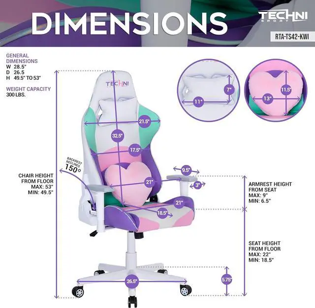 Alt view image 4 of 7 - Techni Sport Gaming Chair - Kawaii Pastel Pink Purple Green - Ergonomic Office Computer Chair with Memory Foam, Lumbar Support, Heart Pillow, 300 Lbs Capacity