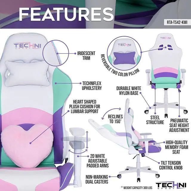 Alt view image 3 of 7 - Techni Sport Gaming Chair - Kawaii Pastel Pink Purple Green - Ergonomic Office Computer Chair with Memory Foam, Lumbar Support, Heart Pillow, 300 Lbs Capacity