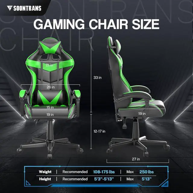 Alt view image 3 of 7 - Soontrans Green Gaming Chair with Massage,Racing Gamer Chair for Teens, Ergonomic Game Chair with Adjustable Headrest and Lumbar Support (Jungle Green)