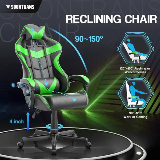 Alt view image 5 of 7 - Soontrans Green Gaming Chair with Massage,Racing Gamer Chair for Teens, Ergonomic Game Chair with Adjustable Headrest and Lumbar Support (Jungle Green)