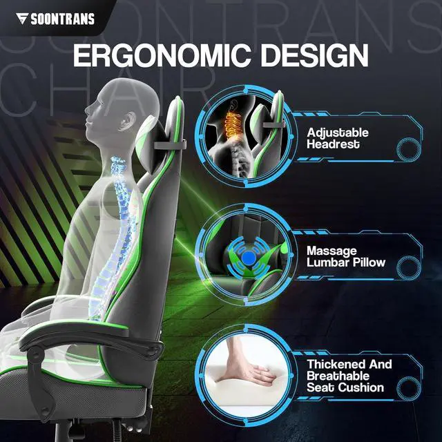 Alt view image 7 of 7 - Soontrans Green Gaming Chair with Massage,Racing Gamer Chair for Teens, Ergonomic Game Chair with Adjustable Headrest and Lumbar Support (Jungle Green)