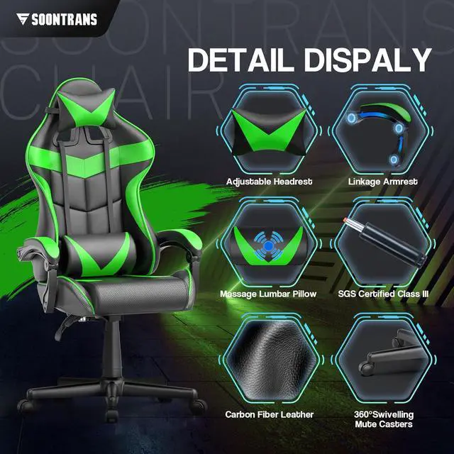 Alt view image 4 of 7 - Soontrans Green Gaming Chair with Massage,Racing Gamer Chair for Teens, Ergonomic Game Chair with Adjustable Headrest and Lumbar Support (Jungle Green)