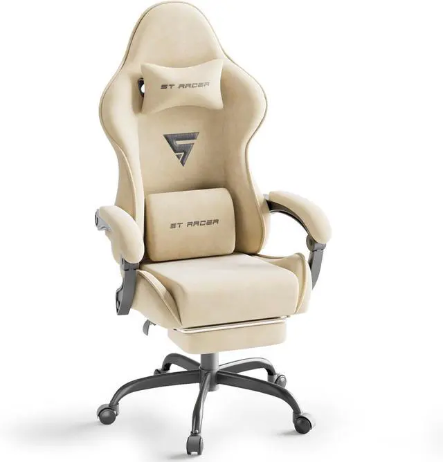 Main image of Huracan Velvet Fabric Gaming Chair with Footrest for Adults, Ergonomic Gaming Chairs with Massage Lumbar, Reclining Racing Computer Chair with Spring Cushion for Home Office Video Game, Beige