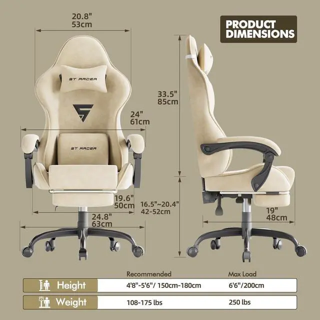 Alt view image 3 of 7 - Huracan Velvet Fabric Gaming Chair with Footrest for Adults, Ergonomic Gaming Chairs with Massage Lumbar, Reclining Racing Computer Chair with Spring Cushion for Home Office Video Game, Beige