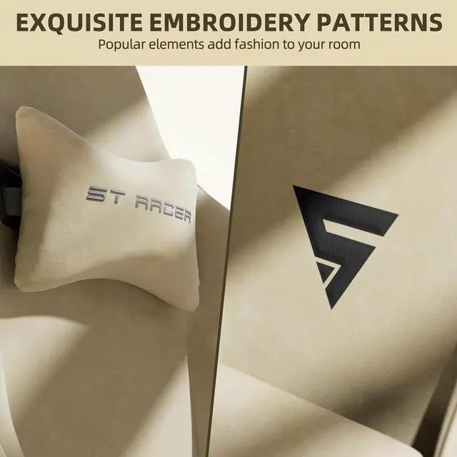 Alt view image 4 of 7 - Huracan Velvet Fabric Gaming Chair with Footrest for Adults, Ergonomic Gaming Chairs with Massage Lumbar, Reclining Racing Computer Chair with Spring Cushion for Home Office Video Game, Beige