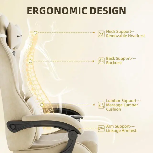 Alt view image 5 of 7 - Huracan Velvet Fabric Gaming Chair with Footrest for Adults, Ergonomic Gaming Chairs with Massage Lumbar, Reclining Racing Computer Chair with Spring Cushion for Home Office Video Game, Beige