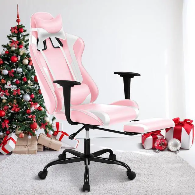 Main image of Pink Gaming Chair with Footrest, PU Leather Gaming Chairs for Adults, High Back Comfy Office Chair Ergonomic Desk Chair Computer Chair, Reclining Gamer Chair, Height & Backrest Adjustable, 300 Lbs