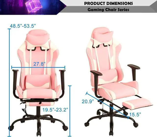 Alt view image 2 of 7 - Pink Gaming Chair with Footrest, PU Leather Gaming Chairs for Adults, High Back Comfy Office Chair Ergonomic Desk Chair Computer Chair, Reclining Gamer Chair, Height & Backrest Adjustable, 300 Lbs