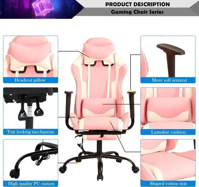 Alt view image 3 of 7 - Pink Gaming Chair with Footrest, PU Leather Gaming Chairs for Adults, High Back Comfy Office Chair Ergonomic Desk Chair Computer Chair, Reclining Gamer Chair, Height & Backrest Adjustable, 300 Lbs