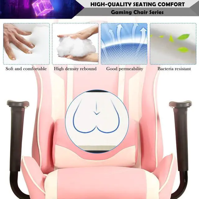 Alt view image 4 of 7 - Pink Gaming Chair with Footrest, PU Leather Gaming Chairs for Adults, High Back Comfy Office Chair Ergonomic Desk Chair Computer Chair, Reclining Gamer Chair, Height & Backrest Adjustable, 300 Lbs