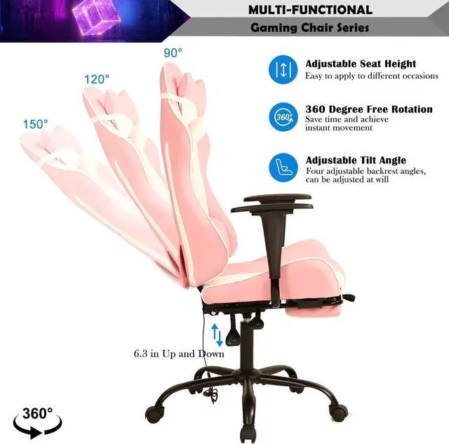 Alt view image 5 of 7 - Pink Gaming Chair with Footrest, PU Leather Gaming Chairs for Adults, High Back Comfy Office Chair Ergonomic Desk Chair Computer Chair, Reclining Gamer Chair, Height & Backrest Adjustable, 300 Lbs
