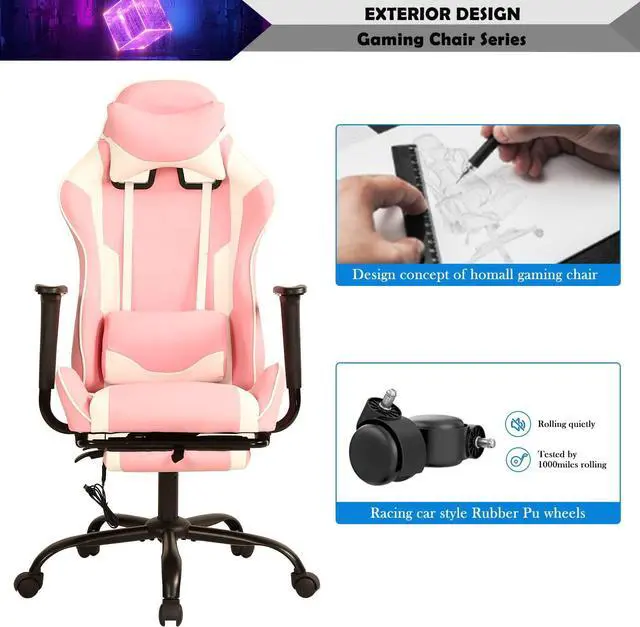 Alt view image 6 of 7 - Pink Gaming Chair with Footrest, PU Leather Gaming Chairs for Adults, High Back Comfy Office Chair Ergonomic Desk Chair Computer Chair, Reclining Gamer Chair, Height & Backrest Adjustable, 300 Lbs