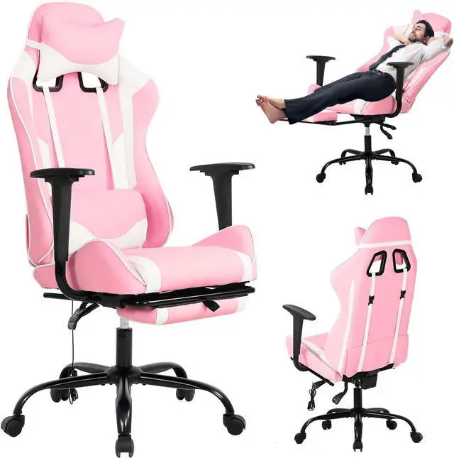 Alt view image 7 of 7 - Pink Gaming Chair with Footrest, PU Leather Gaming Chairs for Adults, High Back Comfy Office Chair Ergonomic Desk Chair Computer Chair, Reclining Gamer Chair, Height & Backrest Adjustable, 300 Lbs