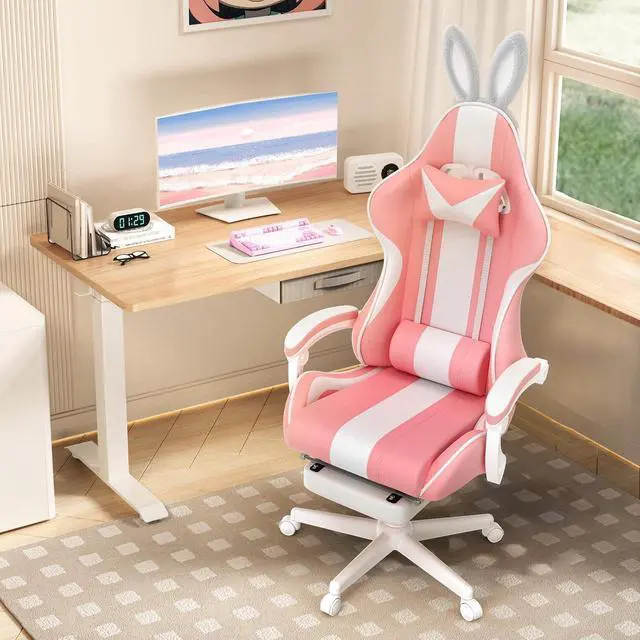 Alt view image 2 of 7 - Ferghana Kawaii Bunny Ears Gaming Chair, Cute Gamer Chair with Footrest and Massage, Leather Ergonomic Computer Game Chair for Girls Adults Teens Kids Pink