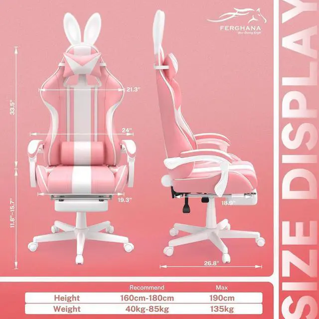 Alt view image 3 of 7 - Ferghana Kawaii Bunny Ears Gaming Chair, Cute Gamer Chair with Footrest and Massage, Leather Ergonomic Computer Game Chair for Girls Adults Teens Kids Pink