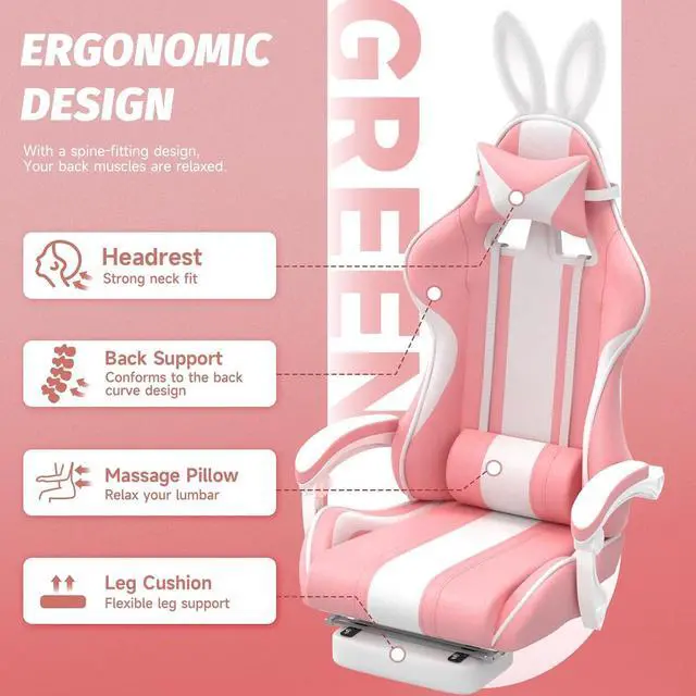 Alt view image 6 of 7 - Ferghana Kawaii Bunny Ears Gaming Chair, Cute Gamer Chair with Footrest and Massage, Leather Ergonomic Computer Game Chair for Girls Adults Teens Kids Pink