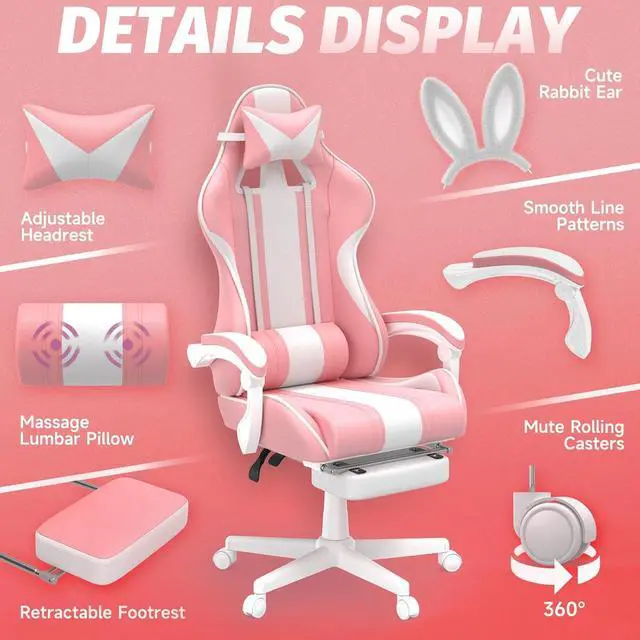 Alt view image 5 of 7 - Ferghana Kawaii Bunny Ears Gaming Chair, Cute Gamer Chair with Footrest and Massage, Leather Ergonomic Computer Game Chair for Girls Adults Teens Kids Pink