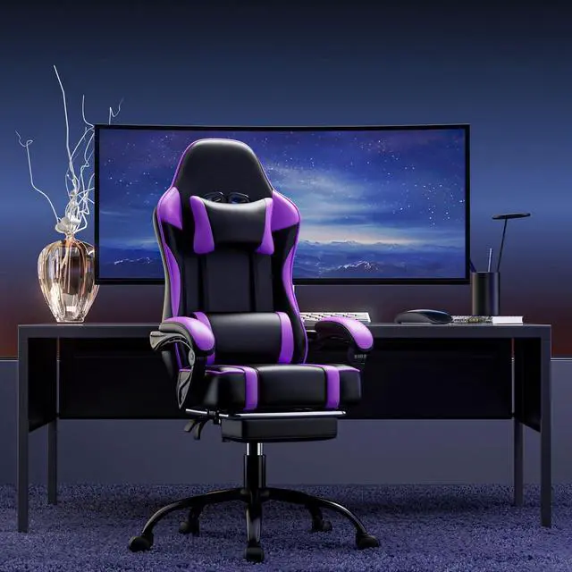 Alt view image 2 of 7 - Gaming Chair, Computer Chair with Footrest and Lumbar Support, Ergonomic Video Game Chair with Headrest, Height Adjustable Gamer Chair Office Desk Chair, Purple