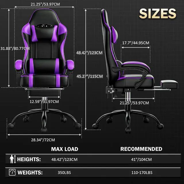 Alt view image 3 of 7 - Gaming Chair, Computer Chair with Footrest and Lumbar Support, Ergonomic Video Game Chair with Headrest, Height Adjustable Gamer Chair Office Desk Chair, Purple
