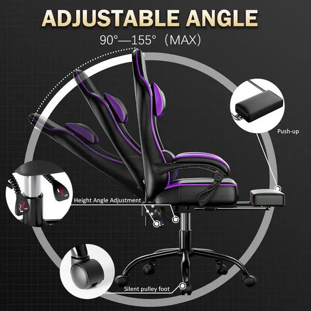 Alt view image 5 of 7 - Gaming Chair, Computer Chair with Footrest and Lumbar Support, Ergonomic Video Game Chair with Headrest, Height Adjustable Gamer Chair Office Desk Chair, Purple