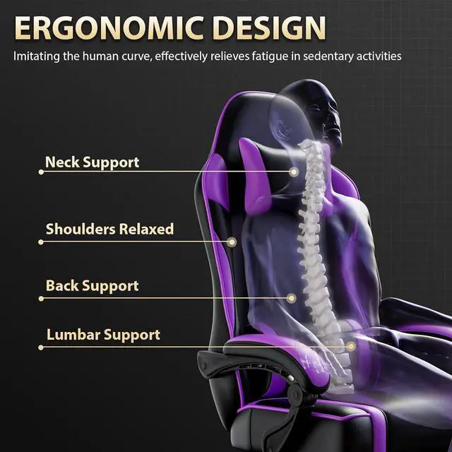Alt view image 6 of 7 - Gaming Chair, Computer Chair with Footrest and Lumbar Support, Ergonomic Video Game Chair with Headrest, Height Adjustable Gamer Chair Office Desk Chair, Purple