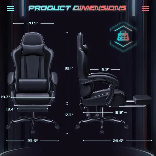 Alt view image 3 of 7 - JUMMICO Gaming Chair Ergonomic Computer Chair with Footrest and Massage Lumbar Support, Height Adjustable Video Gaming Chair with 360° Swivel Seat and Headrest (Black)