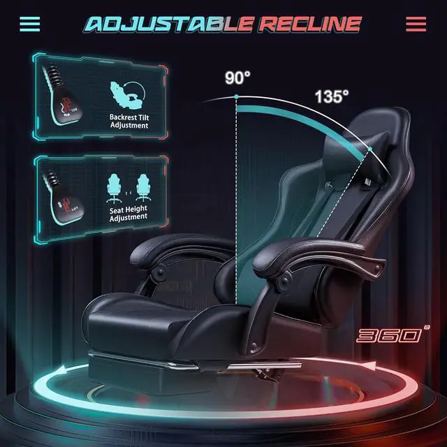 Alt view image 6 of 7 - JUMMICO Gaming Chair Ergonomic Computer Chair with Footrest and Massage Lumbar Support, Height Adjustable Video Gaming Chair with 360° Swivel Seat and Headrest (Black)