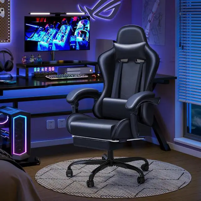 Alt view image 7 of 7 - JUMMICO Gaming Chair Ergonomic Computer Chair with Footrest and Massage Lumbar Support, Height Adjustable Video Gaming Chair with 360° Swivel Seat and Headrest (Black)