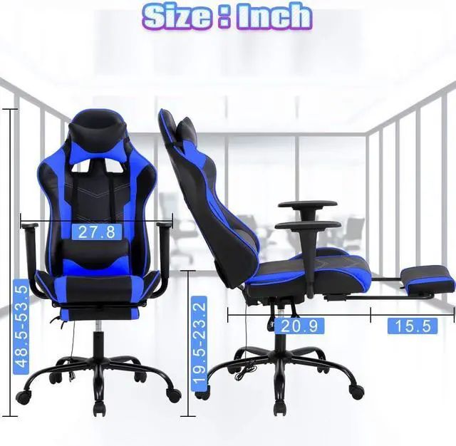 Alt view image 3 of 7 - Gaming Chair with Footrest, Massage Lumbar Support, Ergonomic Racing Office Chair, 360 Swivel PC Computer Desk Chair, Adjustable Headrest and Arms, Blue