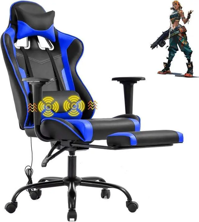 Main image of Gaming Chair with Footrest, Massage Lumbar Support, Ergonomic Racing Office Chair, 360 Swivel PC Computer Desk Chair, Adjustable Headrest and Arms, Blue