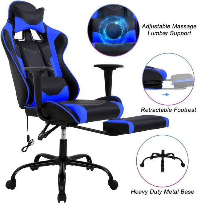 Alt view image 4 of 7 - Gaming Chair with Footrest, Massage Lumbar Support, Ergonomic Racing Office Chair, 360 Swivel PC Computer Desk Chair, Adjustable Headrest and Arms, Blue