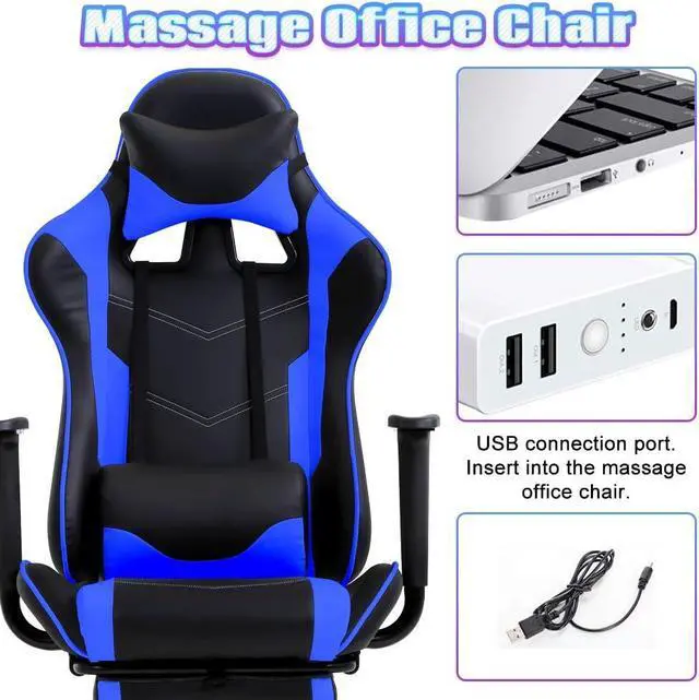 Alt view image 6 of 7 - Gaming Chair with Footrest, Massage Lumbar Support, Ergonomic Racing Office Chair, 360 Swivel PC Computer Desk Chair, Adjustable Headrest and Arms, Blue