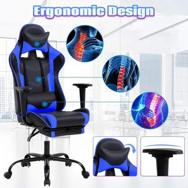 Alt view image 7 of 7 - Gaming Chair with Footrest, Massage Lumbar Support, Ergonomic Racing Office Chair, 360 Swivel PC Computer Desk Chair, Adjustable Headrest and Arms, Blue