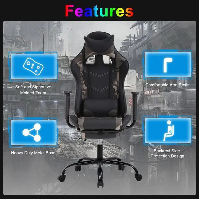 Alt view image 6 of 7 - Gaming Chair Computer Chair Ergonomic Gaming Chair with Footrest Reclining High Back Video Game Chair with Lumbar Support Headrest Armrest Swivel Seat for Women, Men (Camo)