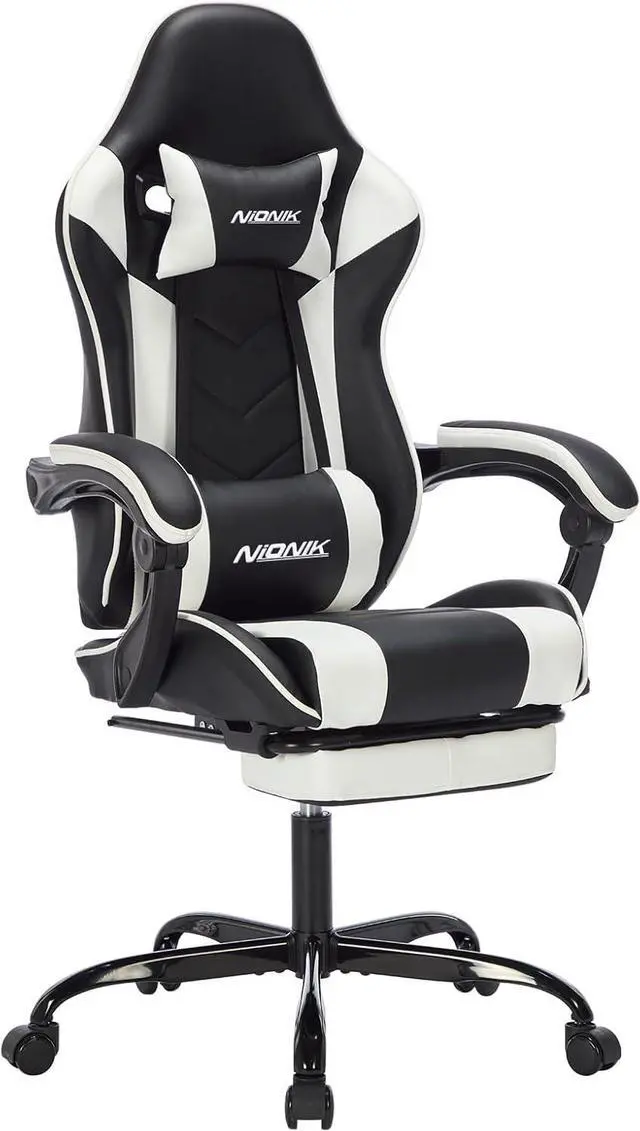 Main image of Gaming Chair with Footrest, Ergonomic Computer Chair with Headrest and Lumbar Support, PU Breathable Material Height Adjustable Video Game Chairs for Adults, Blackwhite