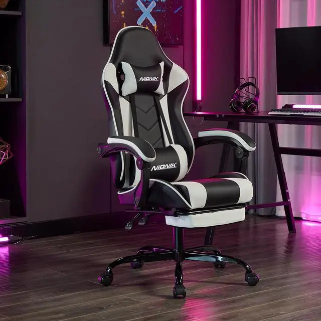 Alt view image 2 of 7 - Gaming Chair with Footrest, Ergonomic Computer Chair with Headrest and Lumbar Support, PU Breathable Material Height Adjustable Video Game Chairs for Adults, Blackwhite
