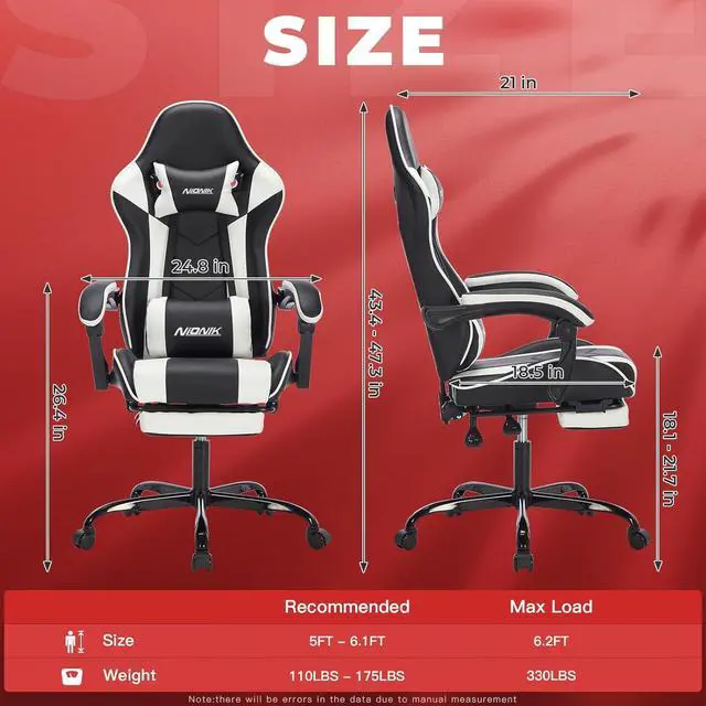 Alt view image 3 of 7 - Gaming Chair with Footrest, Ergonomic Computer Chair with Headrest and Lumbar Support, PU Breathable Material Height Adjustable Video Game Chairs for Adults, Blackwhite