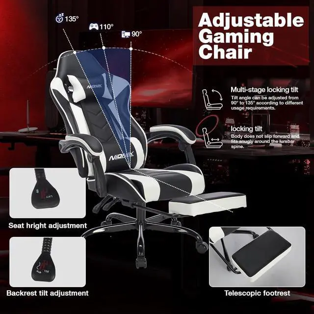 Alt view image 4 of 7 - Gaming Chair with Footrest, Ergonomic Computer Chair with Headrest and Lumbar Support, PU Breathable Material Height Adjustable Video Game Chairs for Adults, Blackwhite