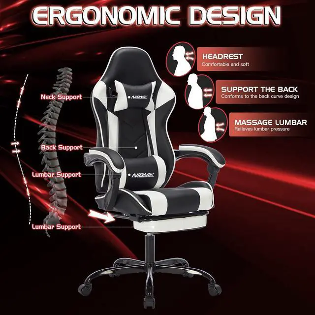 Alt view image 5 of 7 - Gaming Chair with Footrest, Ergonomic Computer Chair with Headrest and Lumbar Support, PU Breathable Material Height Adjustable Video Game Chairs for Adults, Blackwhite