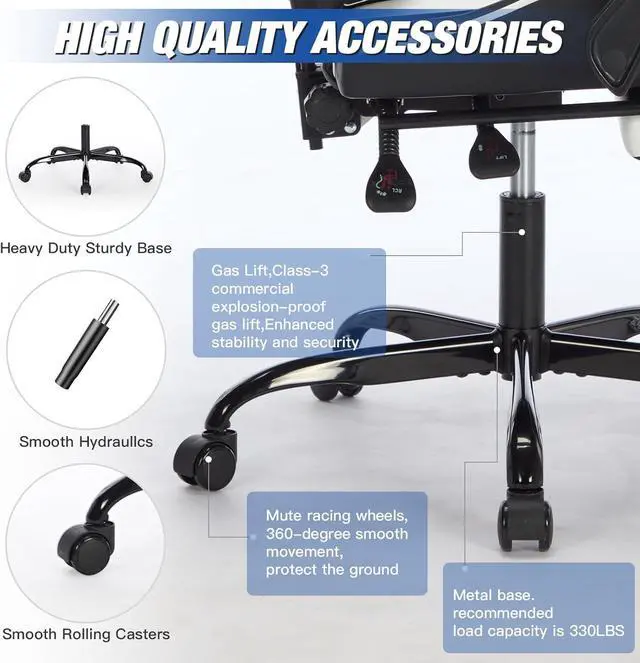 Alt view image 7 of 7 - Gaming Chair with Footrest, Ergonomic Computer Chair with Headrest and Lumbar Support, PU Breathable Material Height Adjustable Video Game Chairs for Adults, Blackwhite