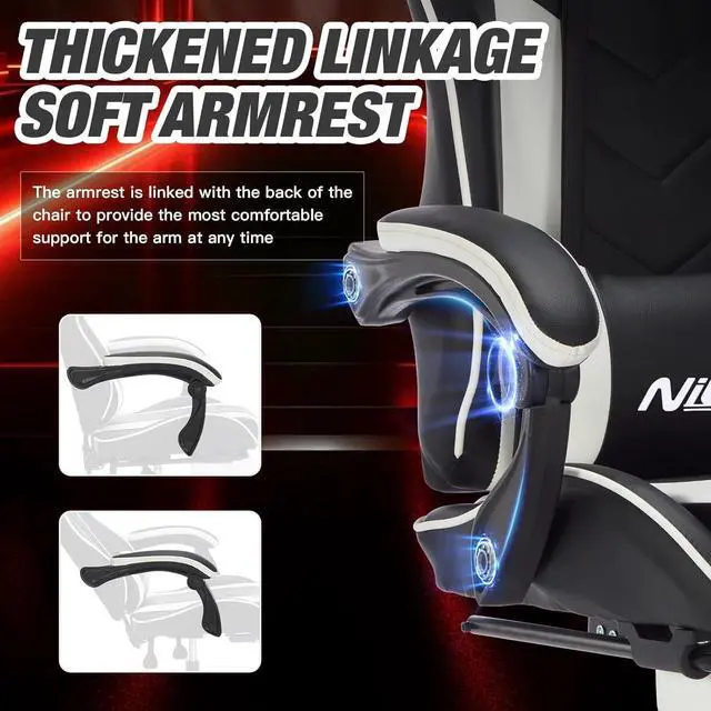 Alt view image 6 of 7 - Gaming Chair with Footrest, Ergonomic Computer Chair with Headrest and Lumbar Support, PU Breathable Material Height Adjustable Video Game Chairs for Adults, Blackwhite