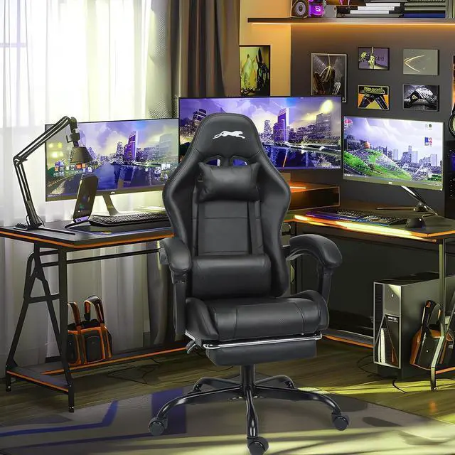 Alt view image 2 of 7 - Leopard Gaming Chair with Footrest, Height Adjustable Game Chair with Lumbar Support, Video Gaming Chair for Gaming Room, Living Room and Office - Black