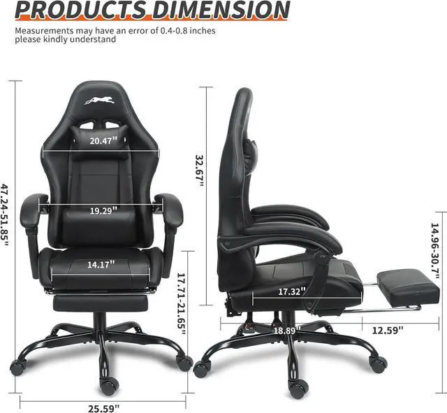 Alt view image 3 of 7 - Leopard Gaming Chair with Footrest, Height Adjustable Game Chair with Lumbar Support, Video Gaming Chair for Gaming Room, Living Room and Office - Black