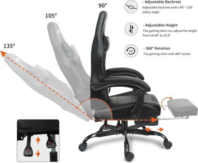 Alt view image 4 of 7 - Leopard Gaming Chair with Footrest, Height Adjustable Game Chair with Lumbar Support, Video Gaming Chair for Gaming Room, Living Room and Office - Black